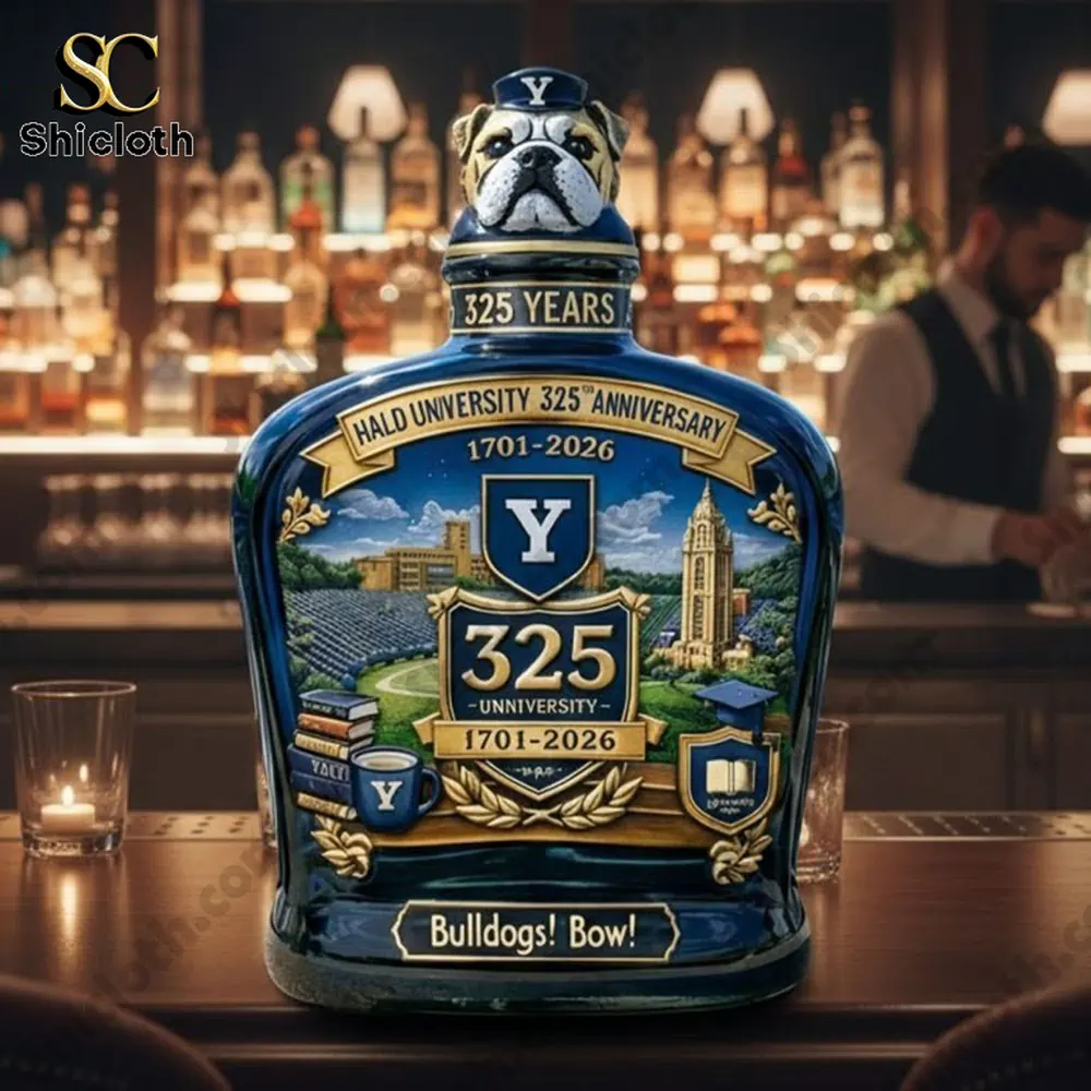 Yale University 325 years anniversary whiskey bottle displayed on a bar!