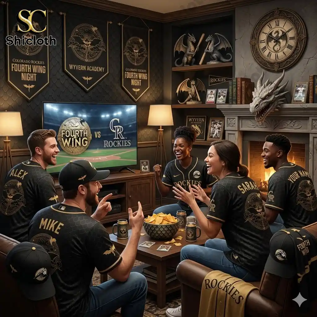 Group of fans wearing Colorado Rockies Fourth Wing Night jerseys watching a game in a dragon themed living room