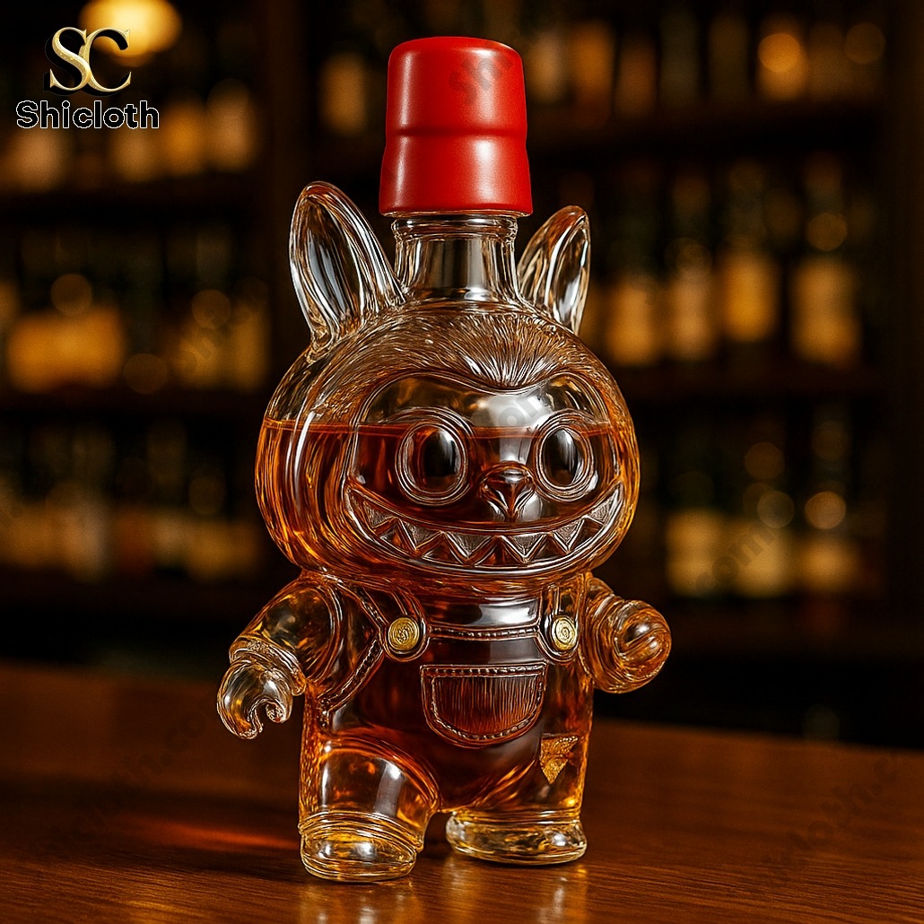 Character shaped whiskey bottle with a red cap standing on a wooden table in a bar.