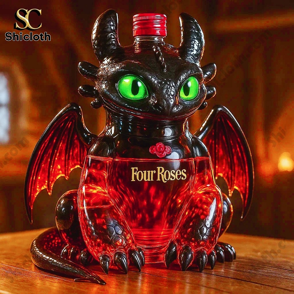 Dragon shaped Four Roses bottle with red cap and glowing red glass!