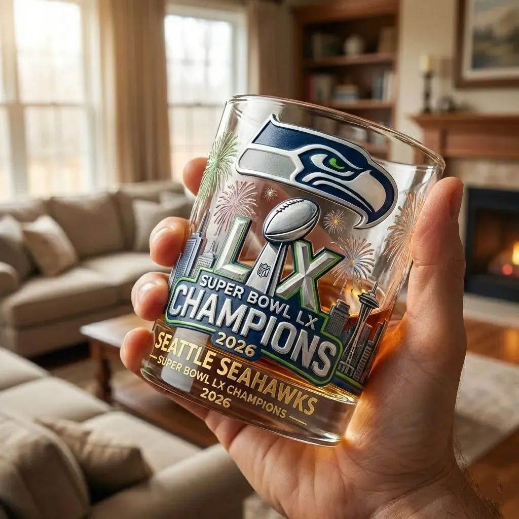 Hand holding a Seattle Seahawks Super Bowl LX Champions 2026 printed glass in a living room!