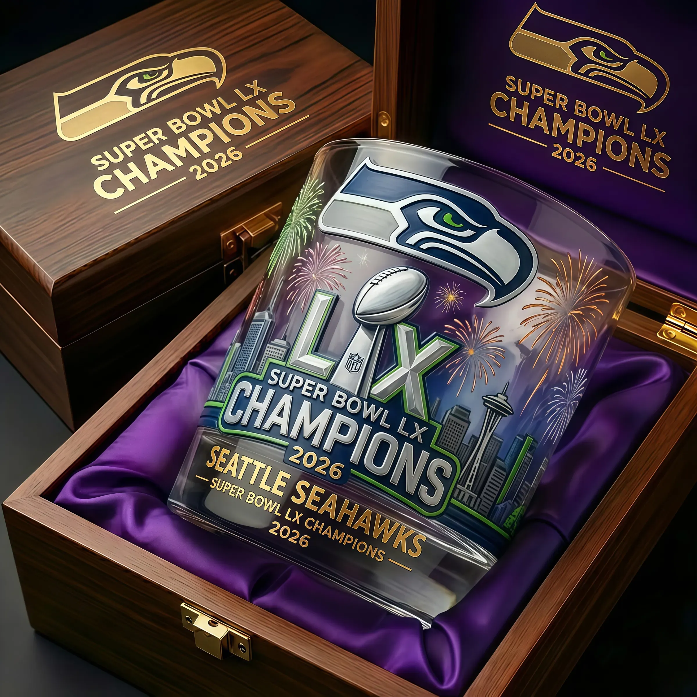 Seattle Seahawks Super Bowl LX Champions 2026 glass displayed in a luxury wooden gift box!