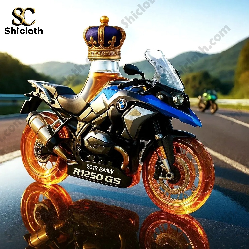 BMW R1250 GS whiskey bottle model by Shiclothg displayed on an open road!