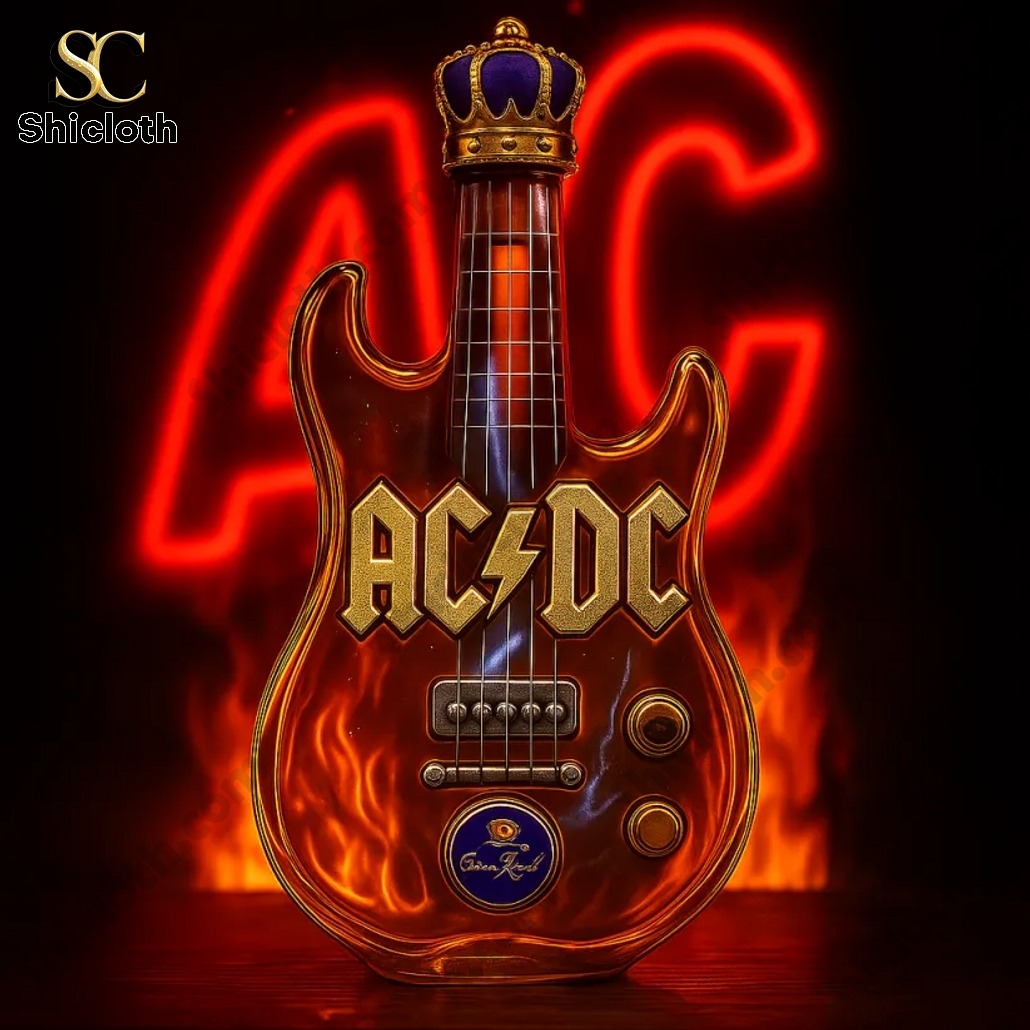 AC DC guitar whiskey bottle with crown cap and fire background