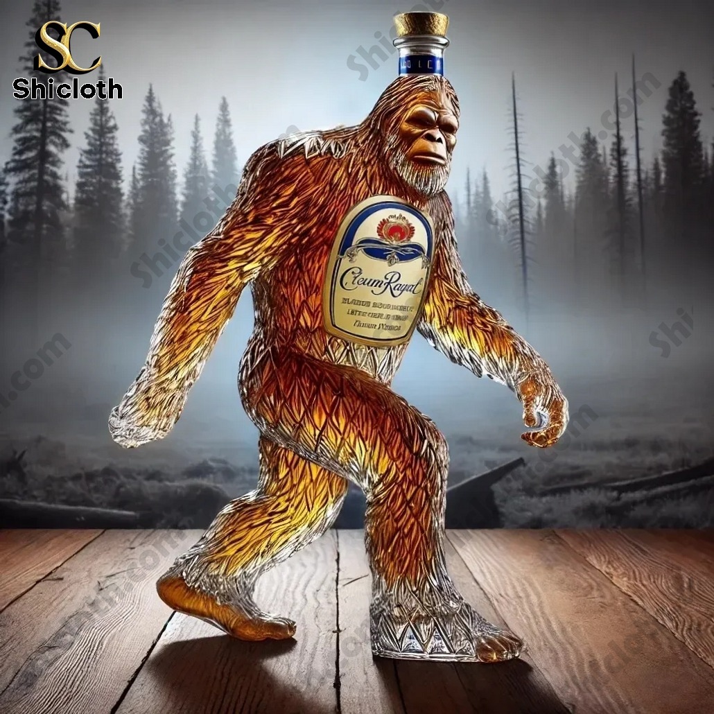 Bigfoot shaped Crown Royal whiskey bottle standing on wooden table in misty forest