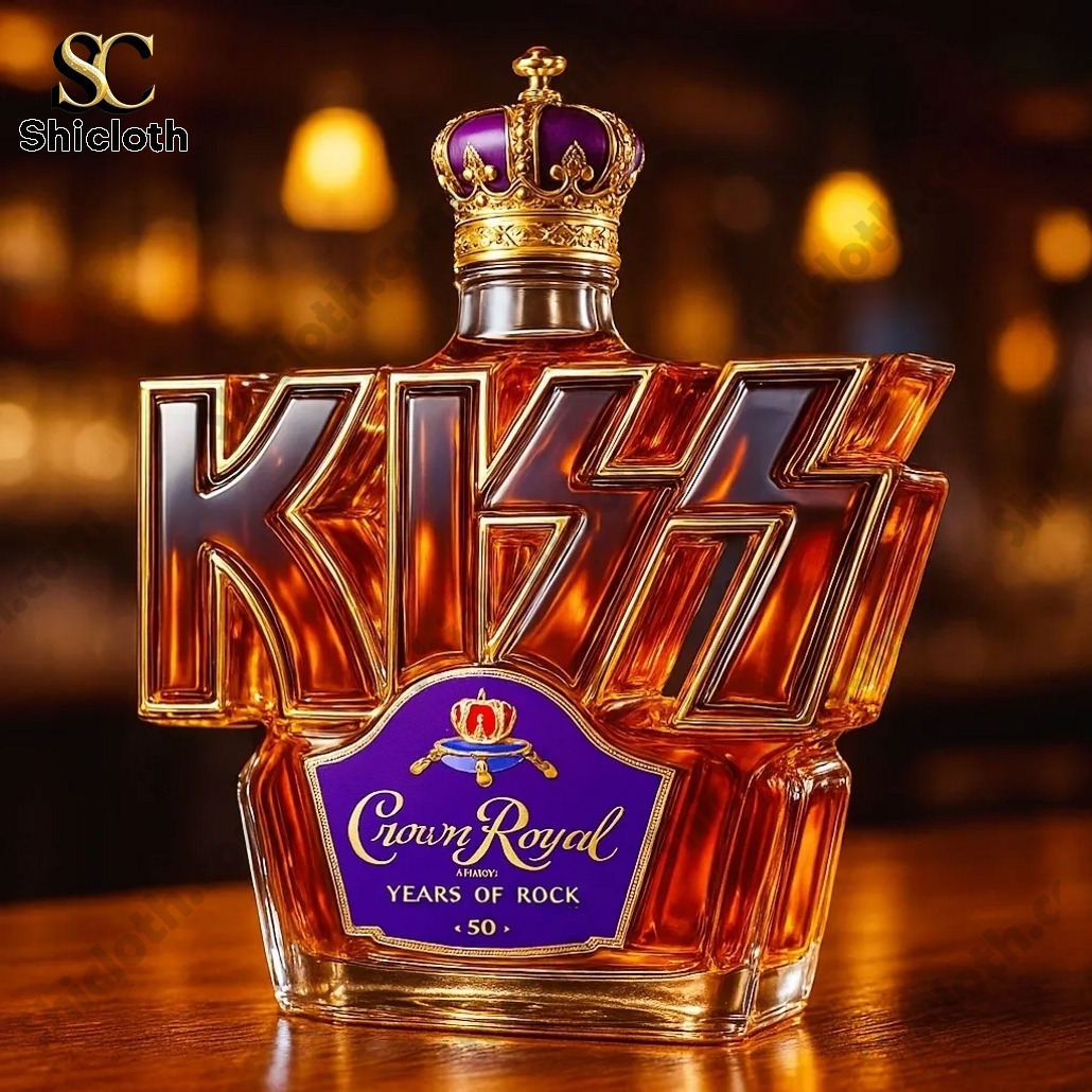 KISS Crown Royal anniversary whiskey bottle with crown cap on wooden bar