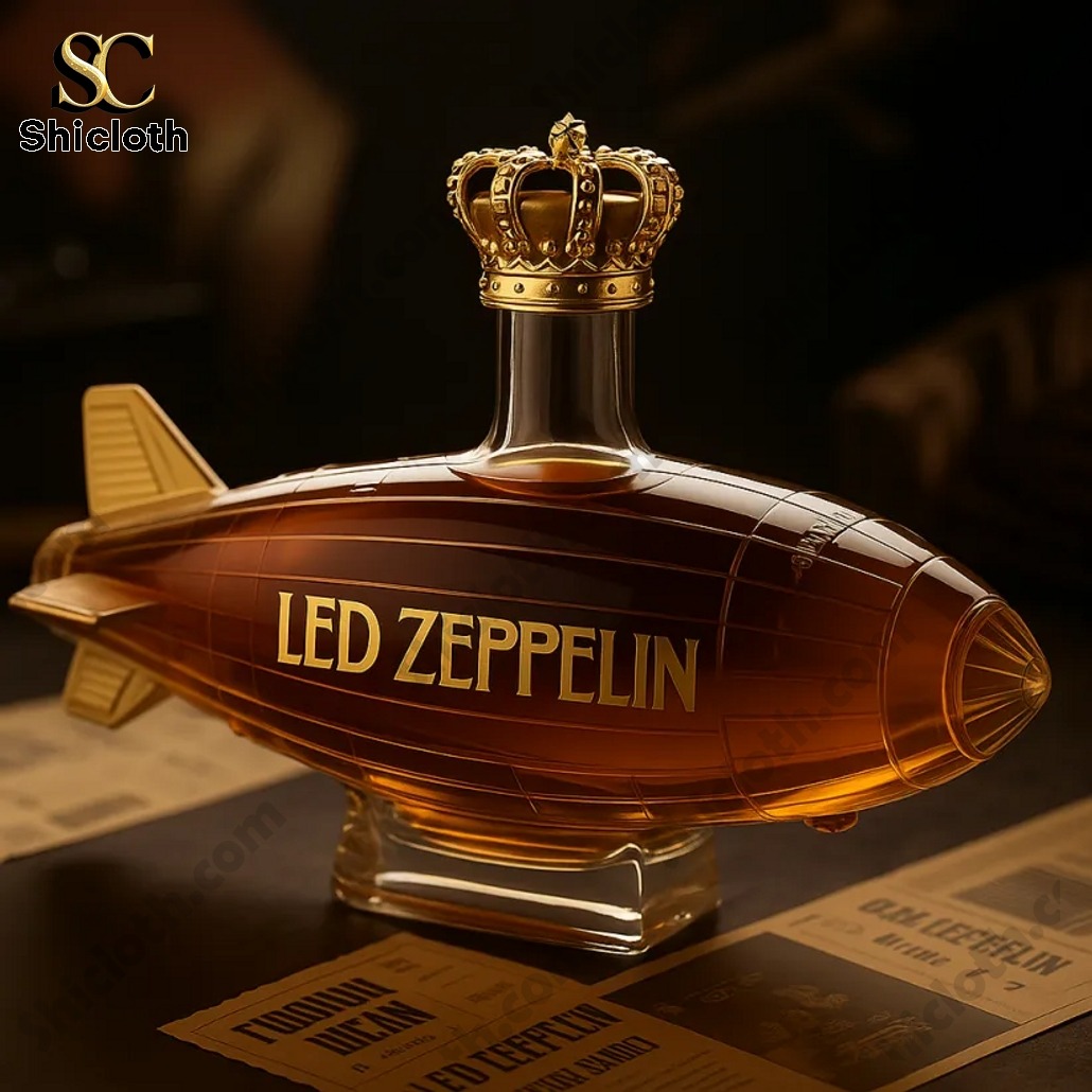 A Led Zeppelin airship shaped whiskey bottle with a gold crown cap.