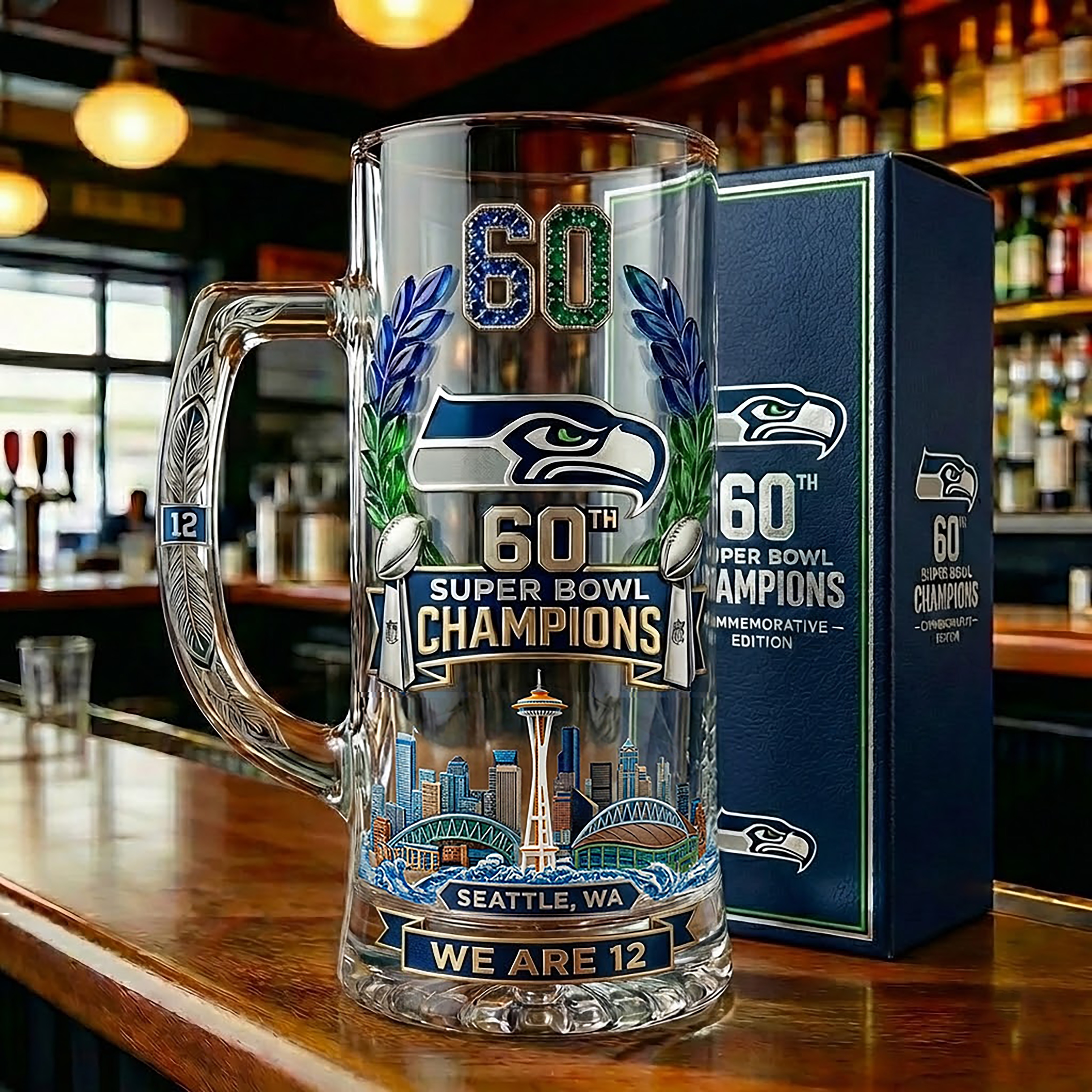 Seattle Seahawks Super Bowl 60 Champions commemorative beer mug with gift box on a bar counter.