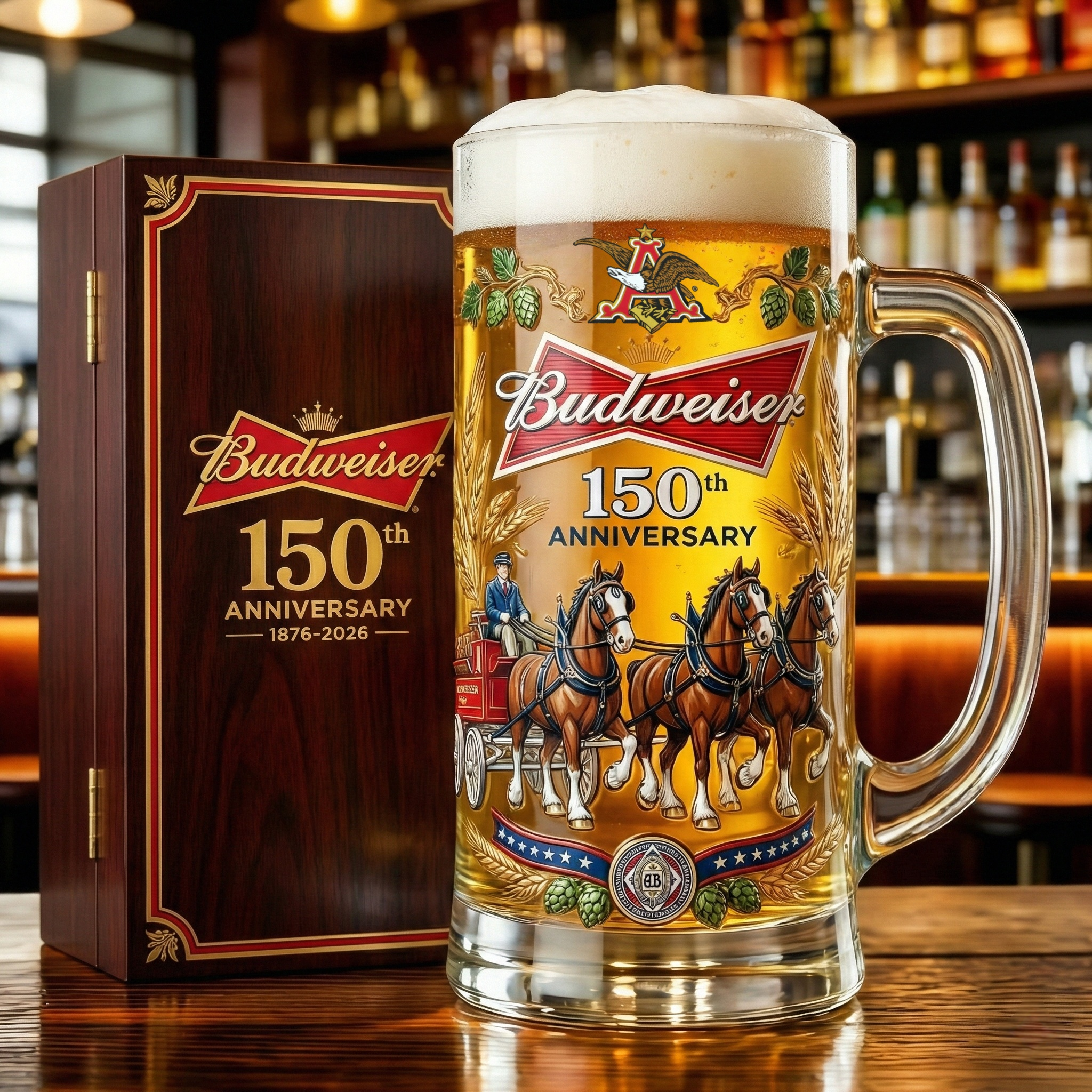 Budweiser 150th anniversary beer mug with wooden gift box on a bar counter