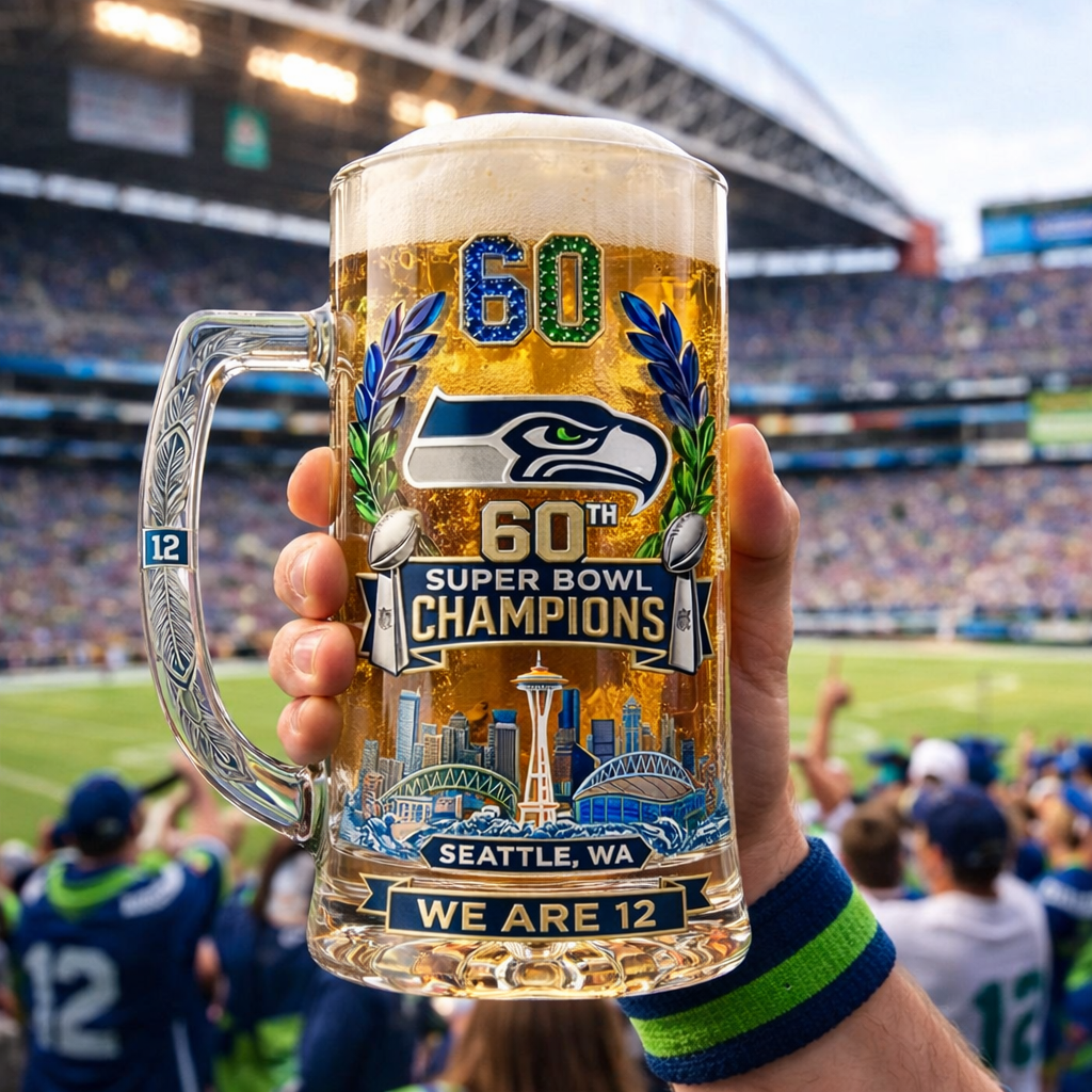 Hand holding a Seattle Seahawks Super Bowl 60 Champions beer mug filled with beer inside a stadium.
