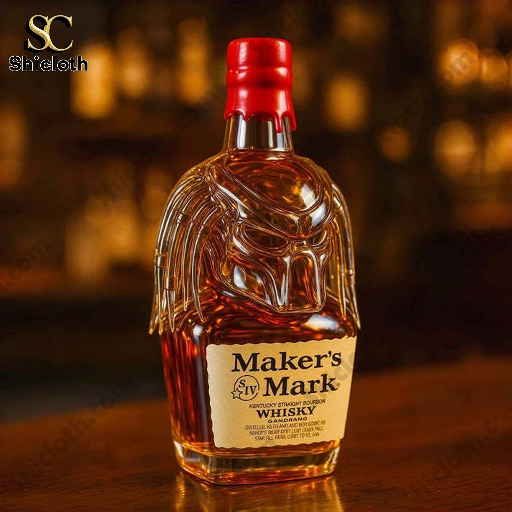Predator Crown Royal Bottle 3 Makers Mark whiskey bottle shaped like a Predator helmet with a red wax cap.
