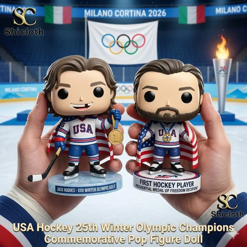 Two USA hockey player pop figure dolls held in hands at a Winter Olympic ice arena with Olympic rings banner and torch flame!