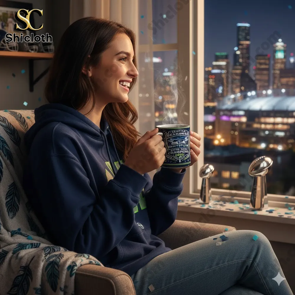 Seattle Seahawks Super Bowl 2026 Champions mug with a woman enjoying a warm beverage while overlooking the city.