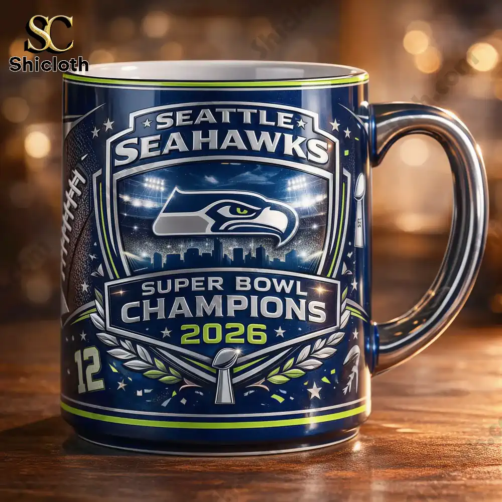 Seattle Seahawks 2026 Super Bowl Champions mug with team logo, trophy, and year 2026 design.