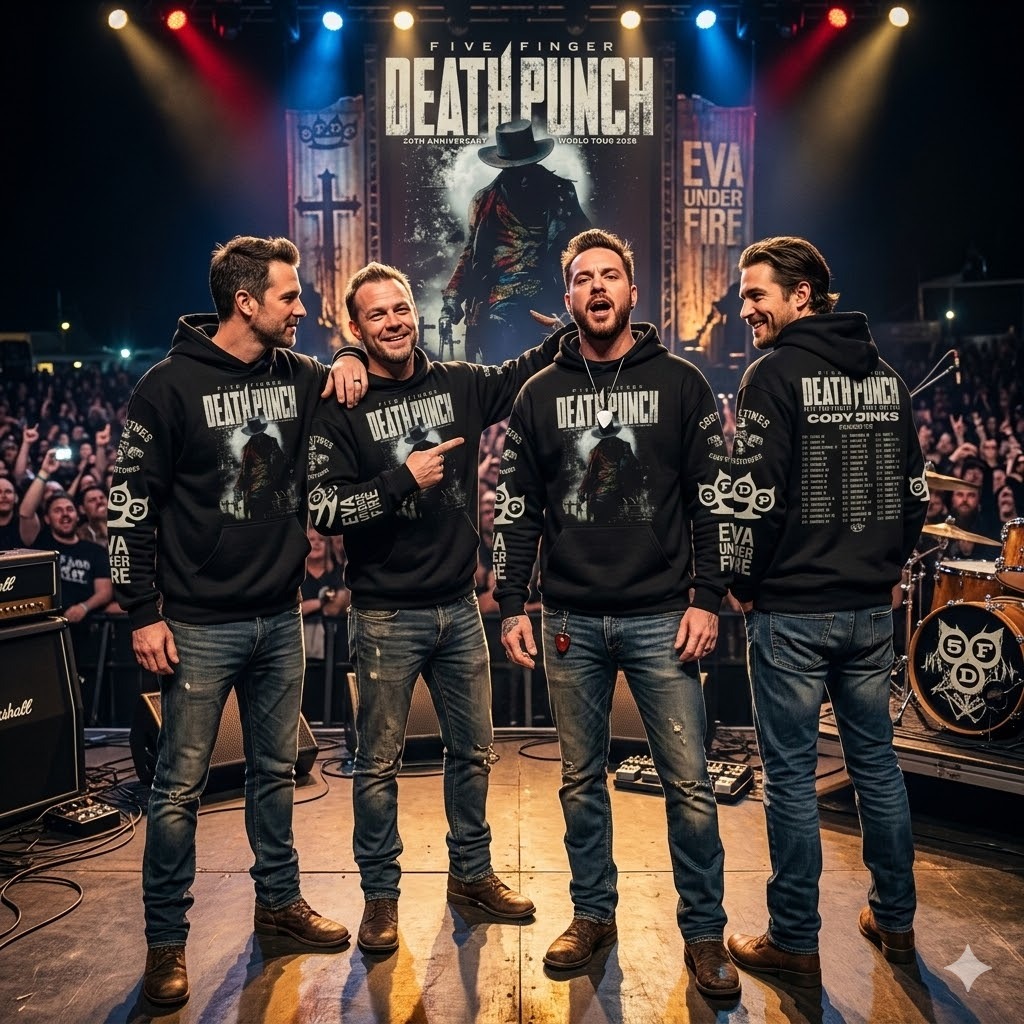 Five Finger Death Punch band members on stage wearing black Shicloth tour hoodies with concert backdrop