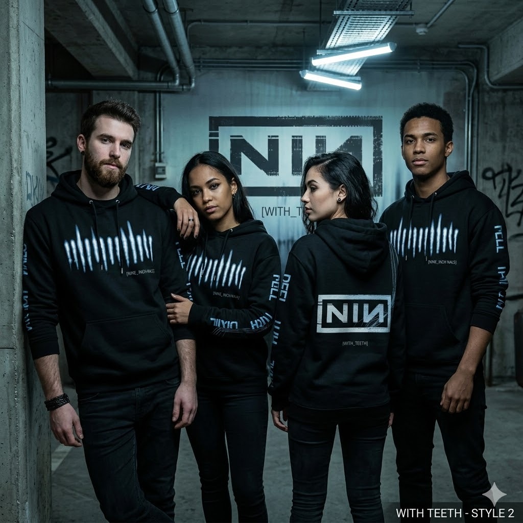 Four models wearing black Nine Inch Nails With Teeth hoodies in an industrial setting