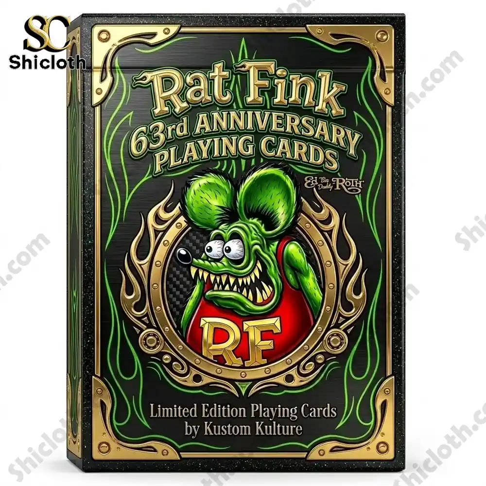 Rat Fink anniversary playing card box with green character artwork
