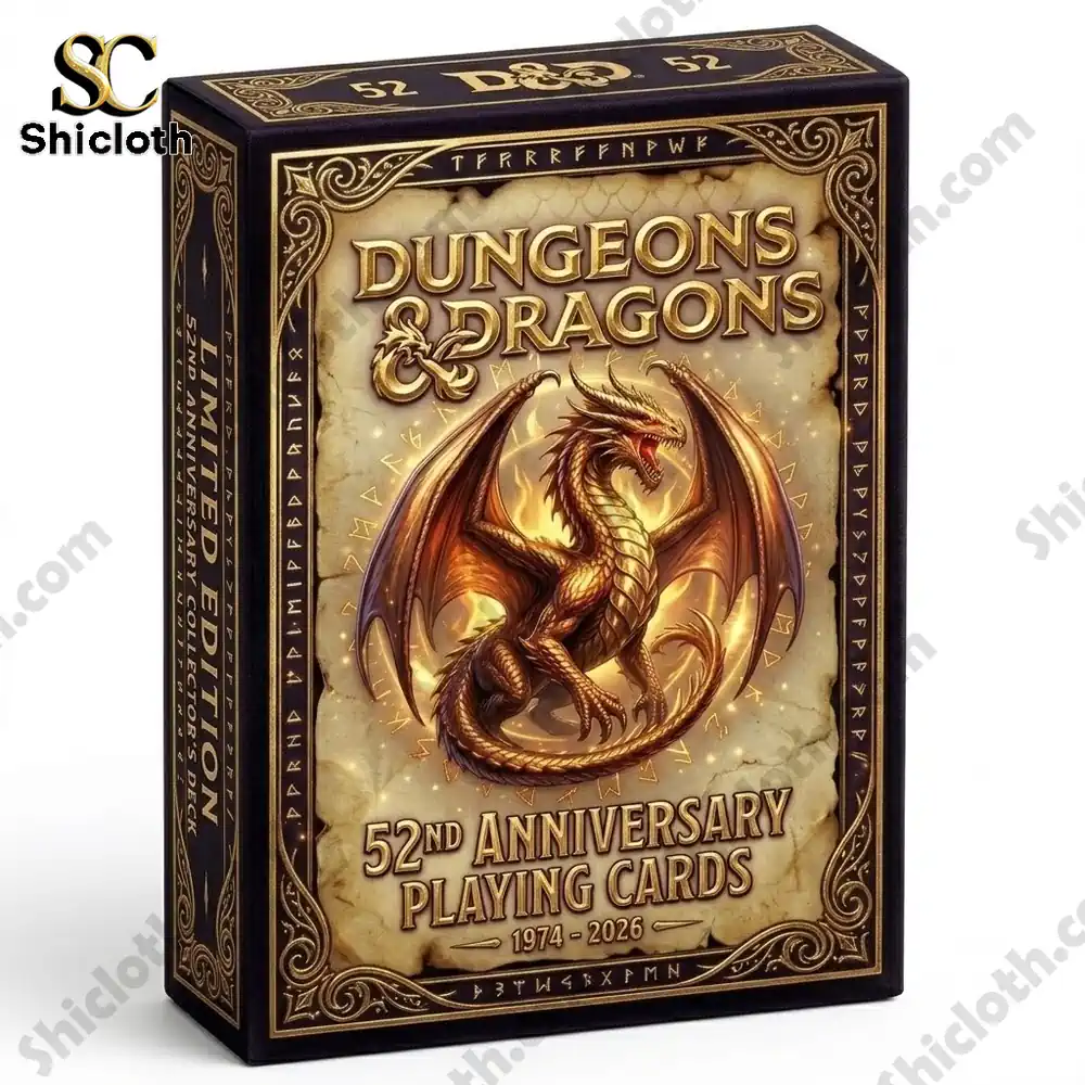Dungeons and Dragons 52nd Anniversary playing cards box with dragon design