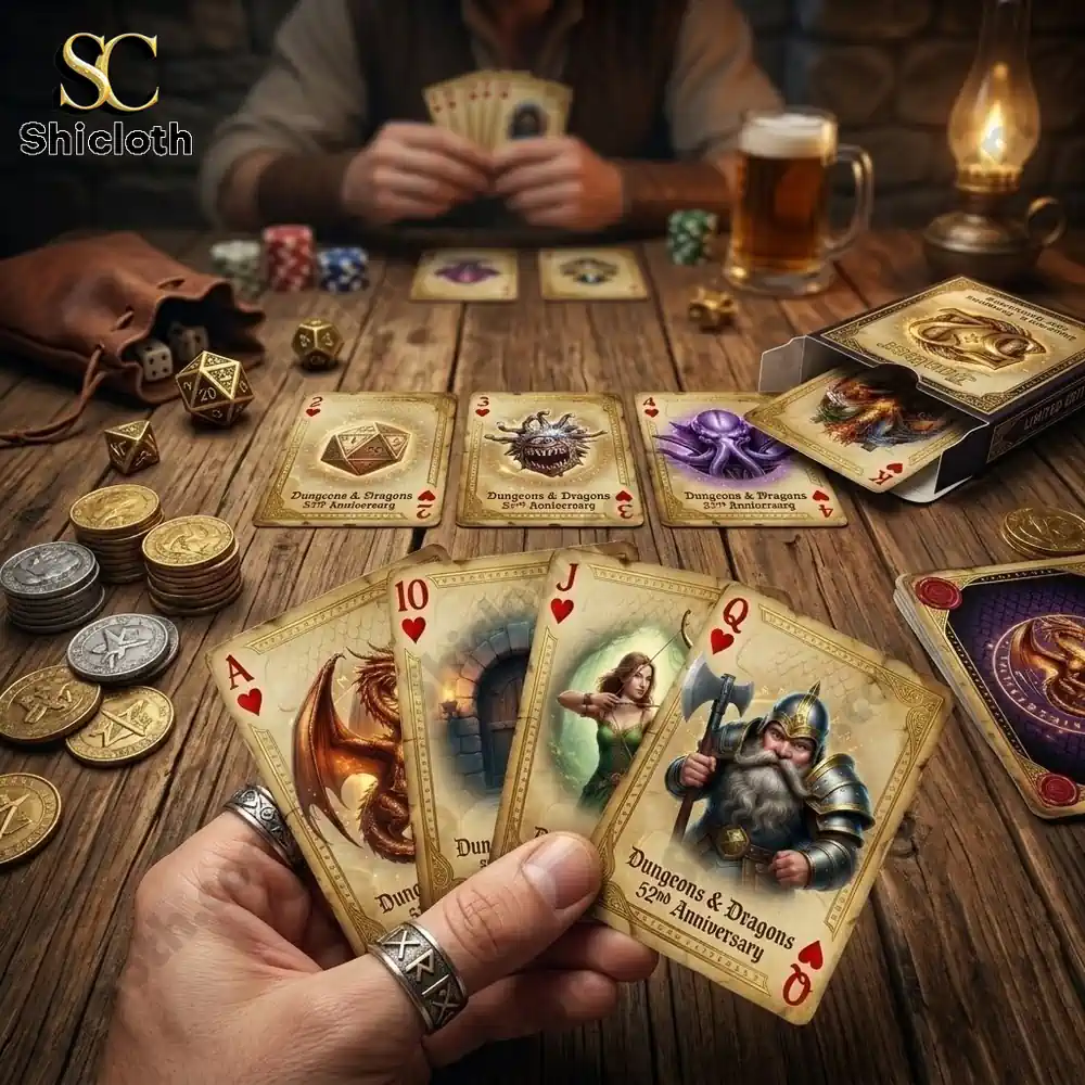 Dungeons and Dragons themed playing cards used in a tabletop game scene