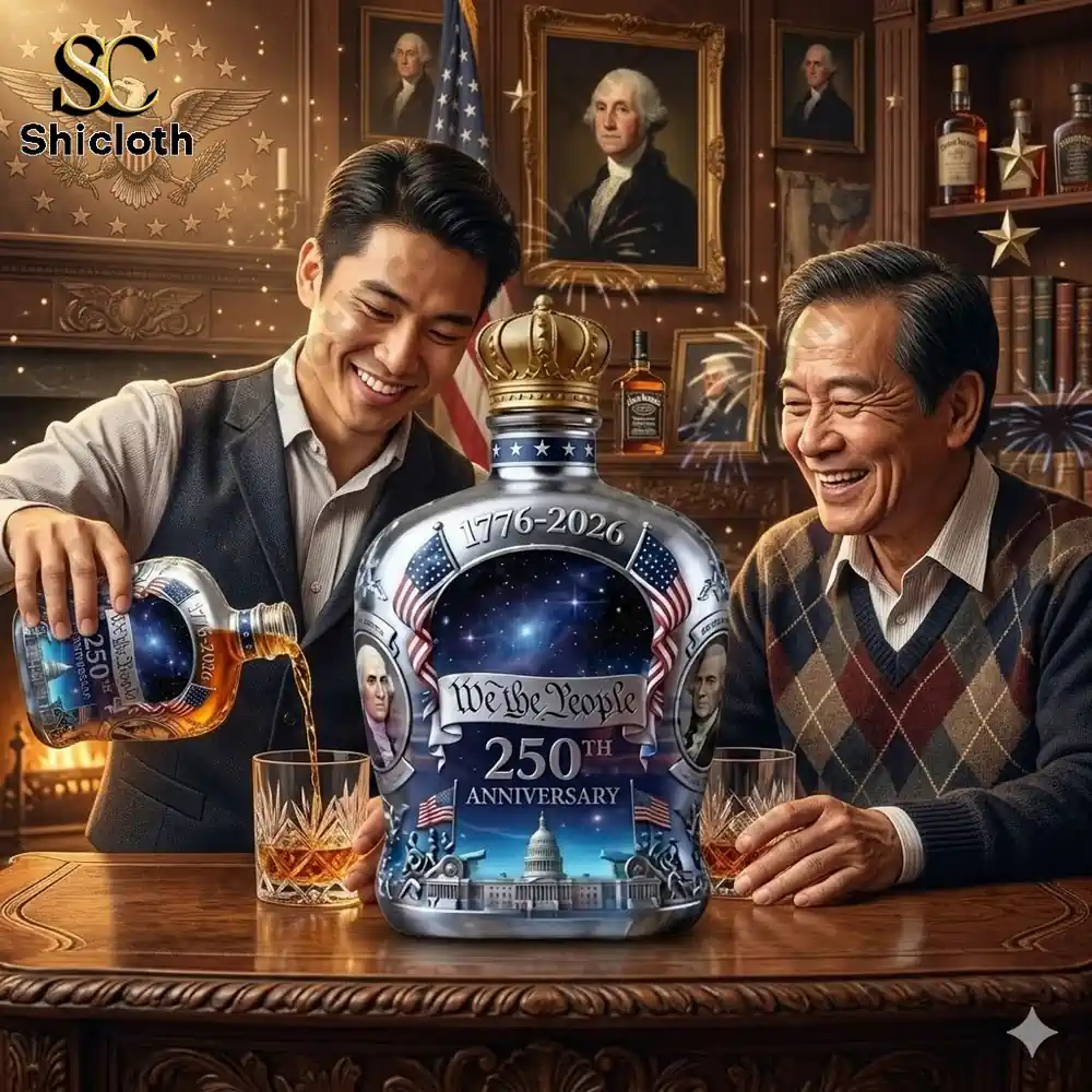 two men sharing whiskey from patriotic anniversary bottle in classic american style room!