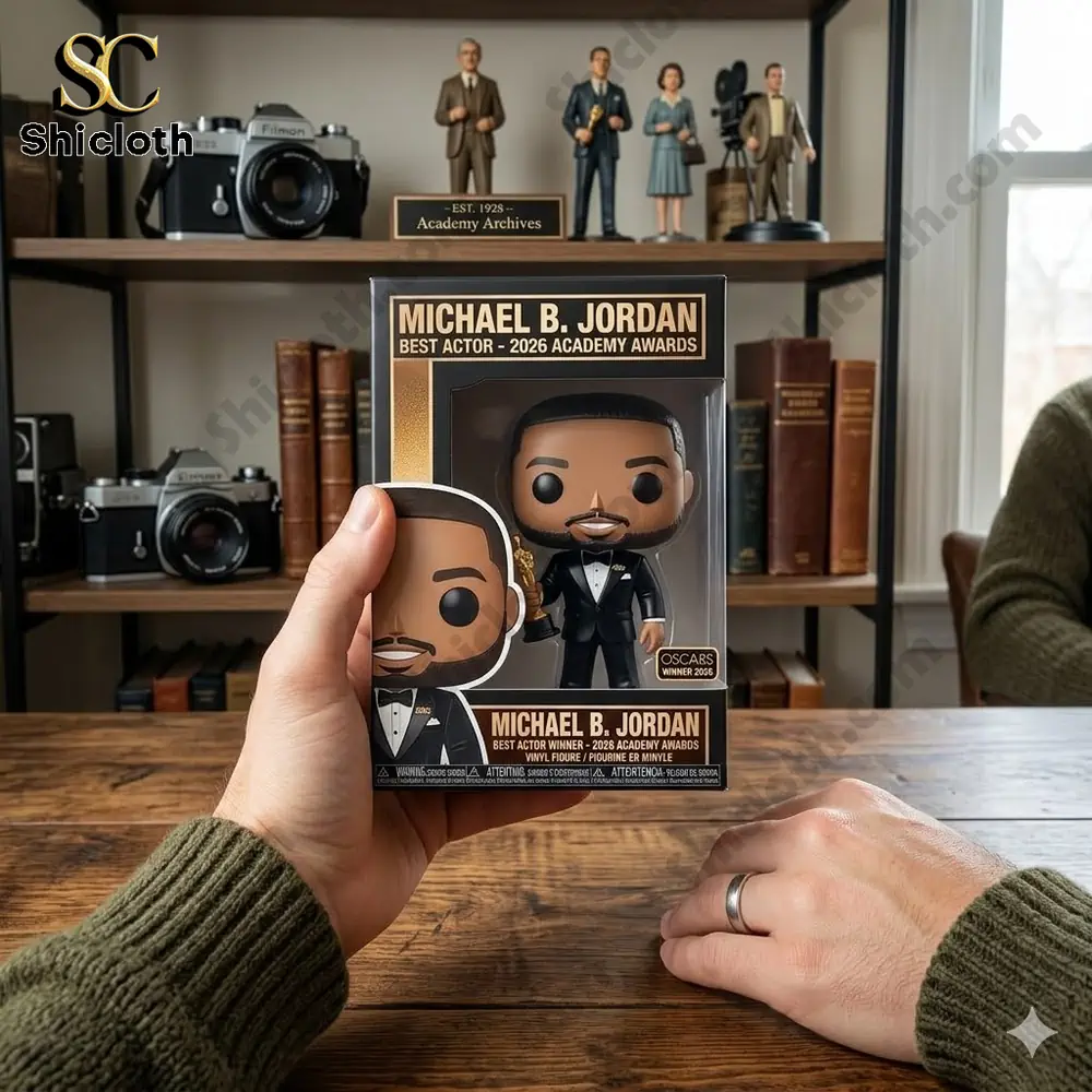 Michael B Jordan collectible figure in box held in hands on wooden desk!