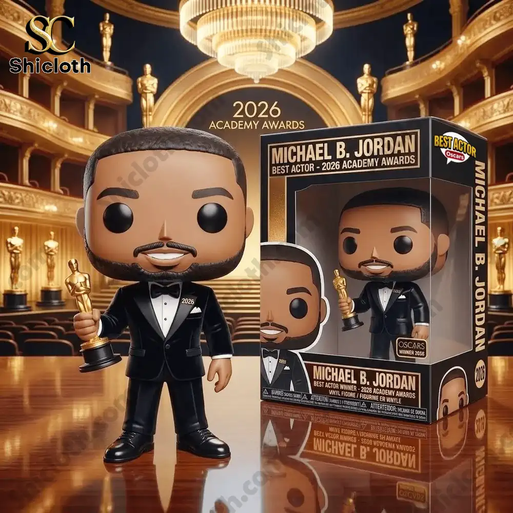 Michael B Jordan award figure standing beside display box in grand theater setting!