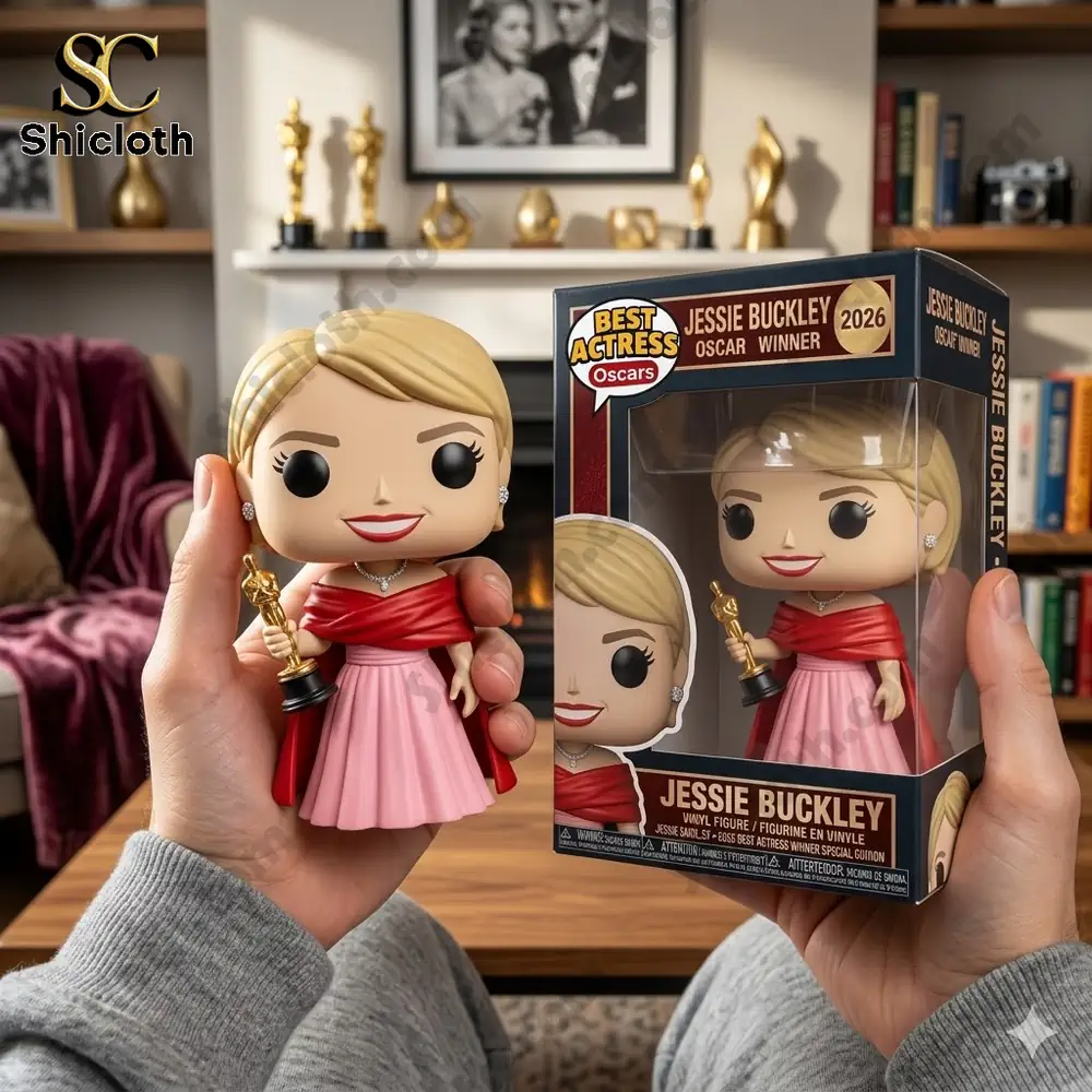 Jessie Buckley style vinyl figure holding Oscar award in living room
