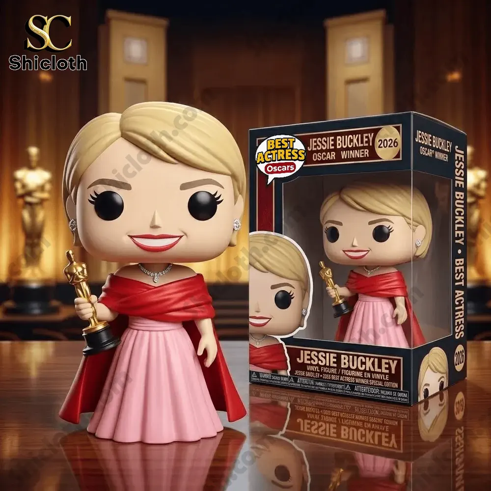 Jessie Buckley style vinyl figure with Oscar award next to product box on stage