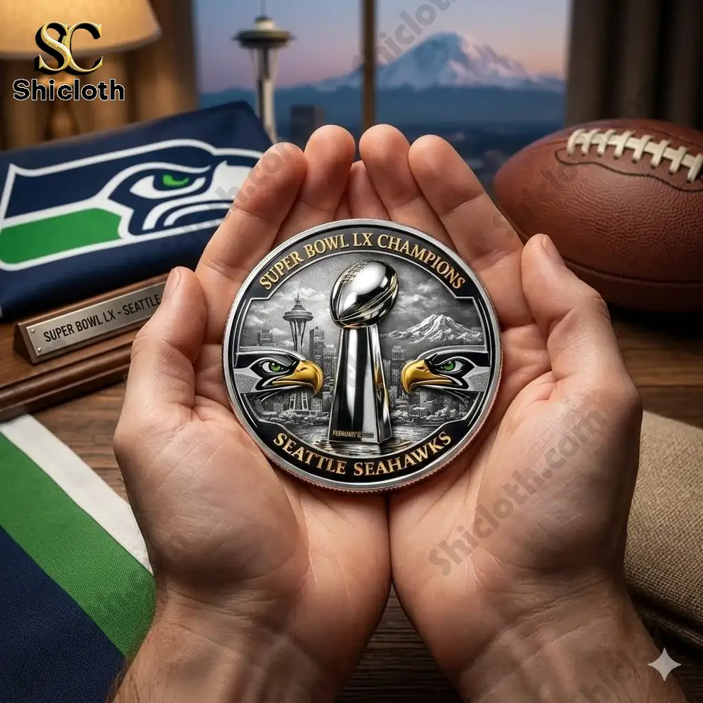 Hands holding Seattle Seahawks Super Bowl LX champions commemorative coin with Lombardi trophy and Seattle skyline background!