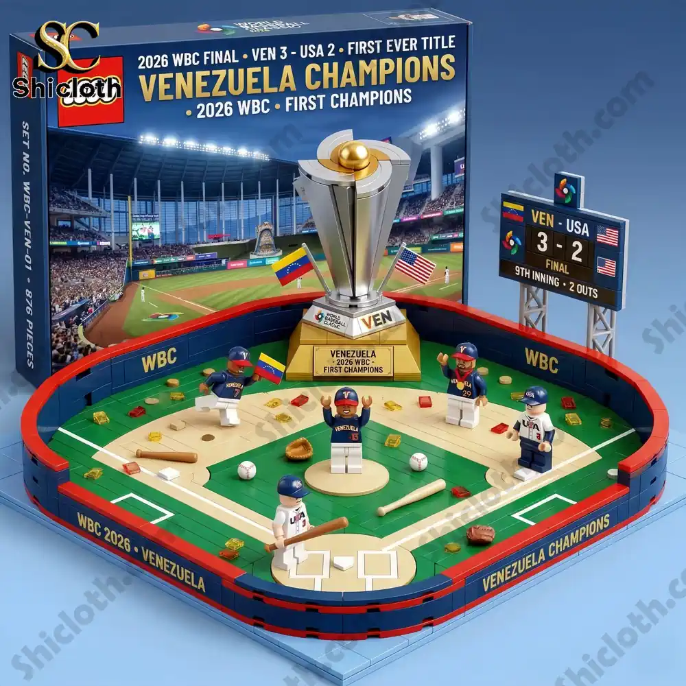 Detailed Venezuela WBC champion brick stadium with trophy and scoreboard