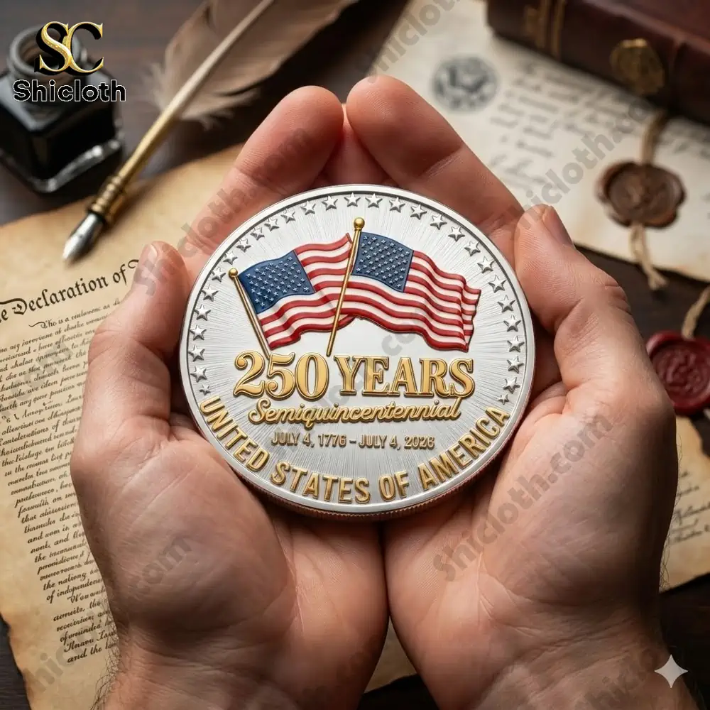 Hands holding United States Semiquincentennial 250 Years commemorative coin with American flags!