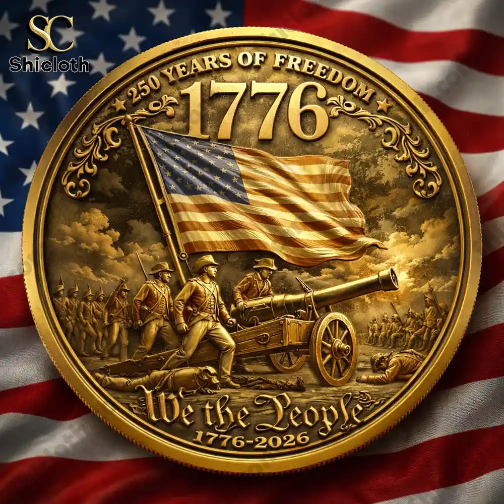 Shicloth commemorative coin front with American flag soldiers and cannon symbolizing national freedom legacy!