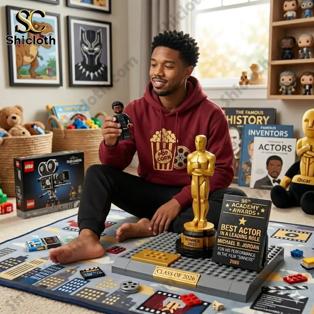 Man holding a brick figure next to Oscar style brick award set in a cozy room