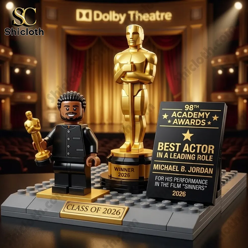 Brick figure holding award beside Oscar style statue on stage background