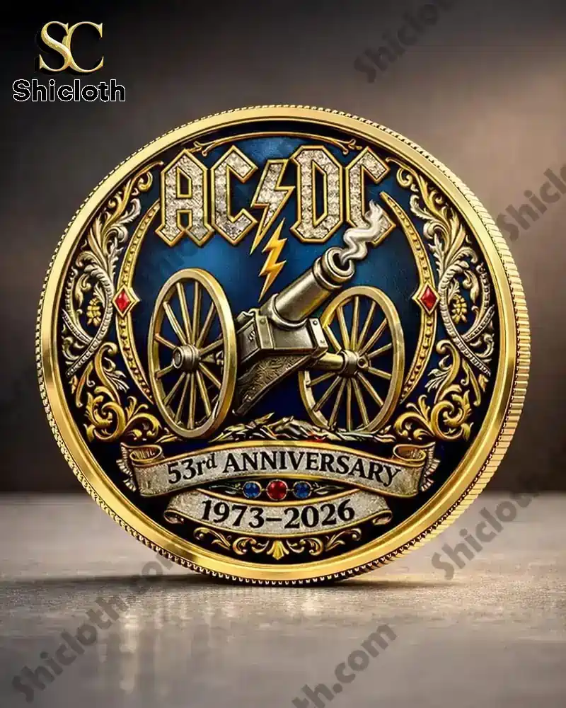 ACDC anniversary coin with cannon design and ornate gold details