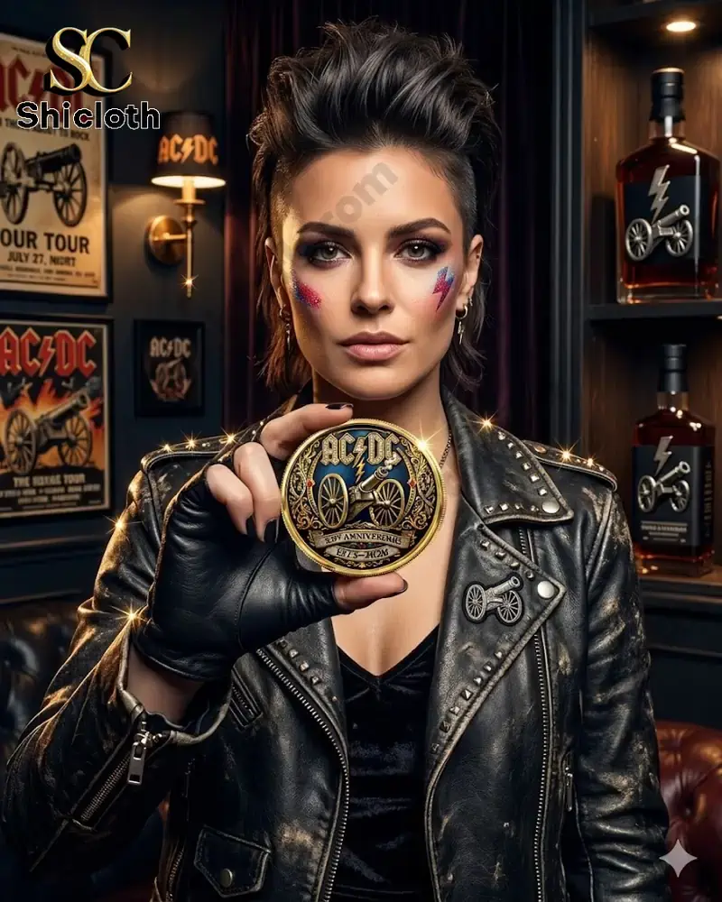 woman holding ACDC coin wearing leather jacket in rock themed room