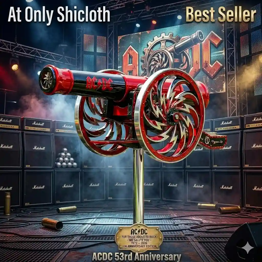 acdc cannon wind spinner displayed on rock stage with amplifiers