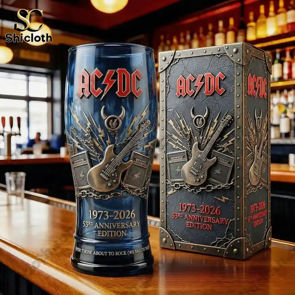 AC DC 53rd anniversary blue rock beer glass with collector box on bar counter!
