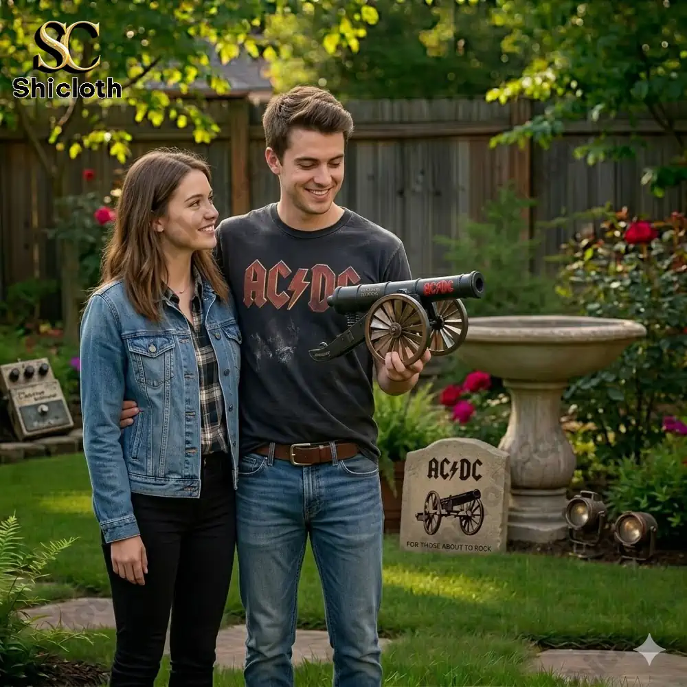 Couple holding AC DC cannon wind spinner in garden