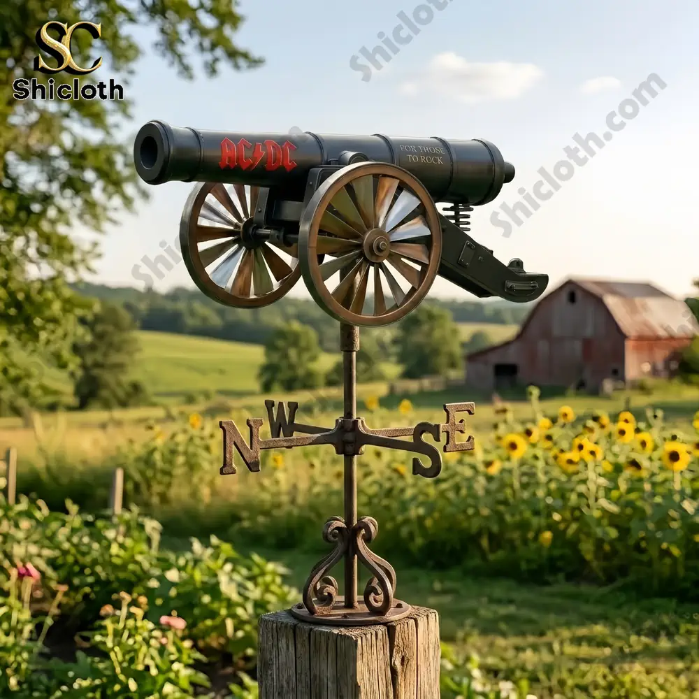 AC DC cannon wind spinner displayed in countryside field