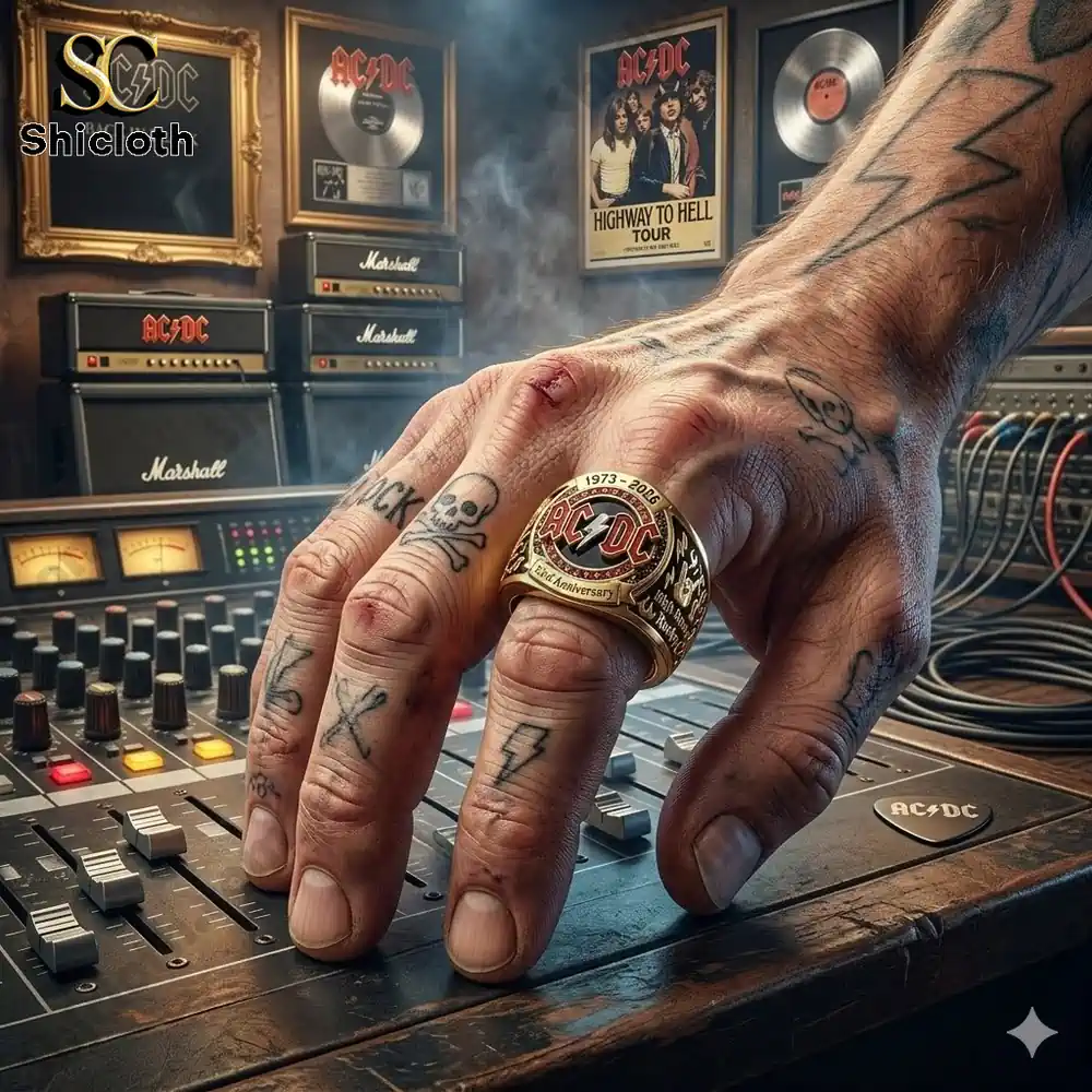 Hand wearing acdc ring over sound mixer in rock studio!