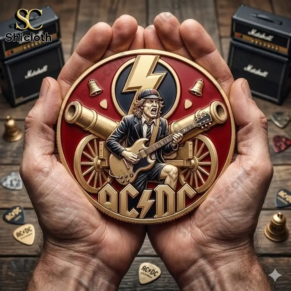 ac dc rock guitarist coin design held in hands by shicloth shop!