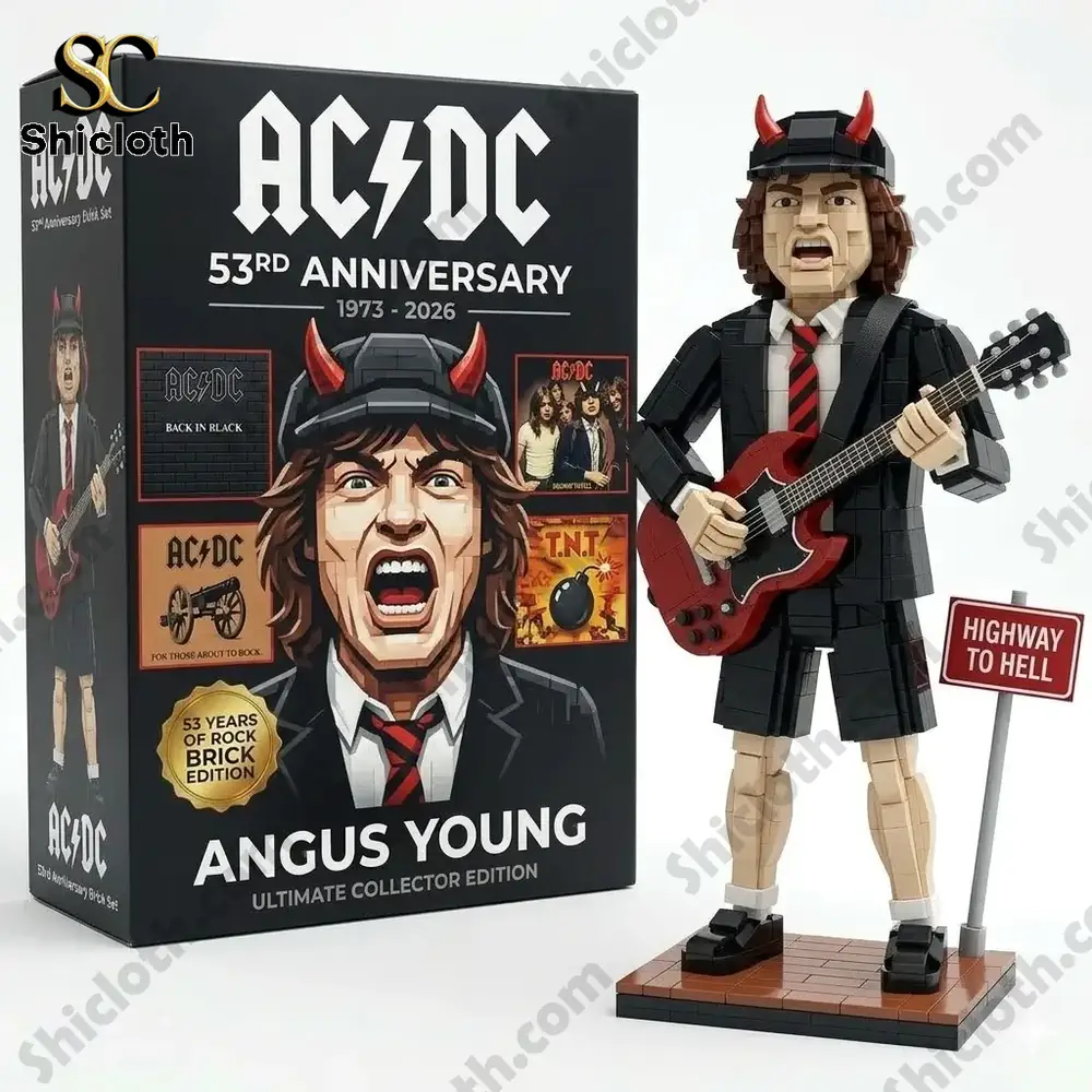 ACDC Angus Young brick figure with guitar displayed beside collector box from Shicloth!