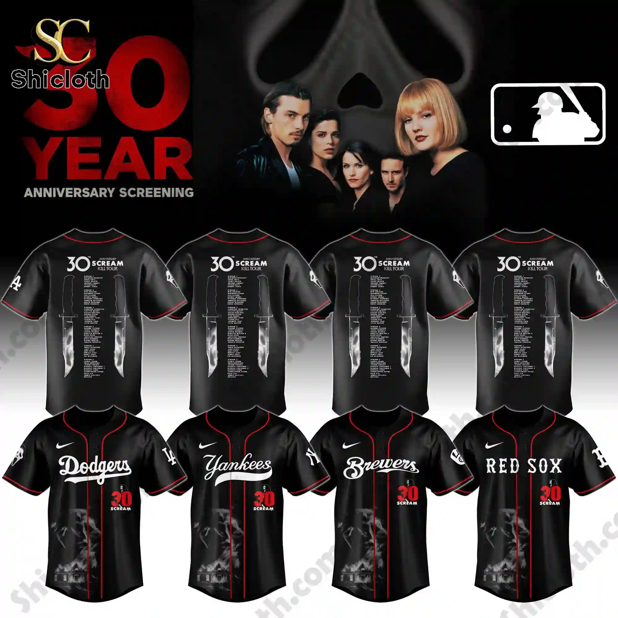 Collection of MLB Scream 30 Year Anniversary black baseball jerseys by Shicloth