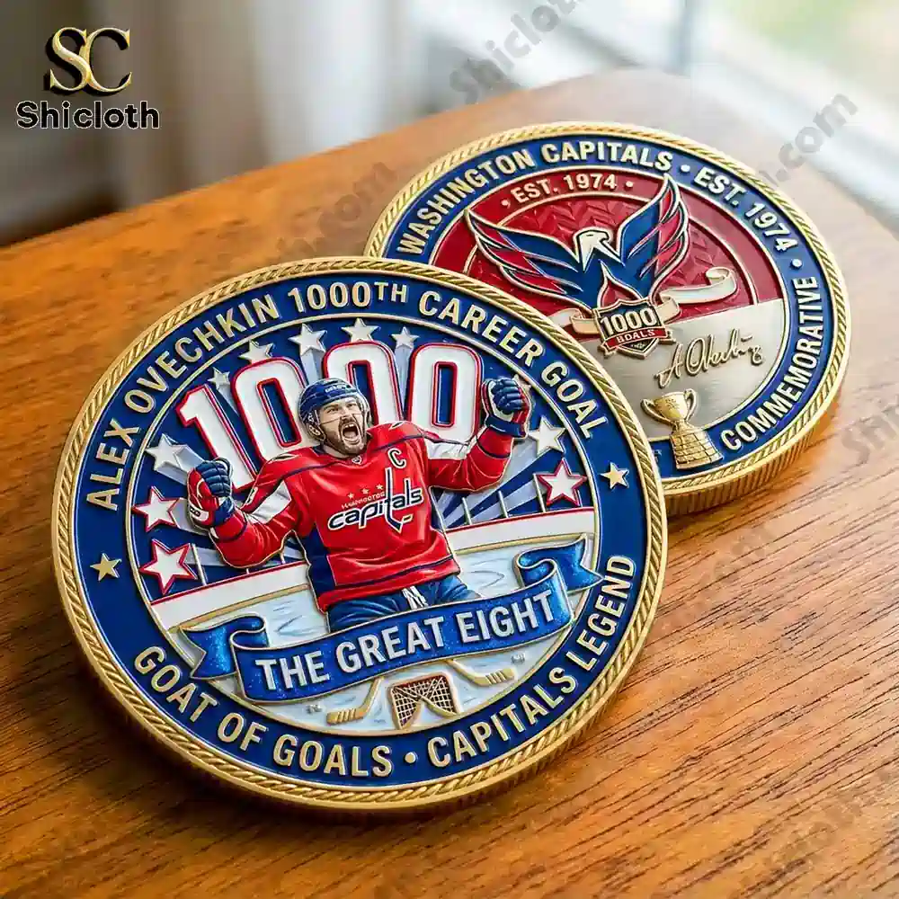 Commemorative coin showing Alex Ovechkin celebrating 1000 career goals with Washington Capitals design!