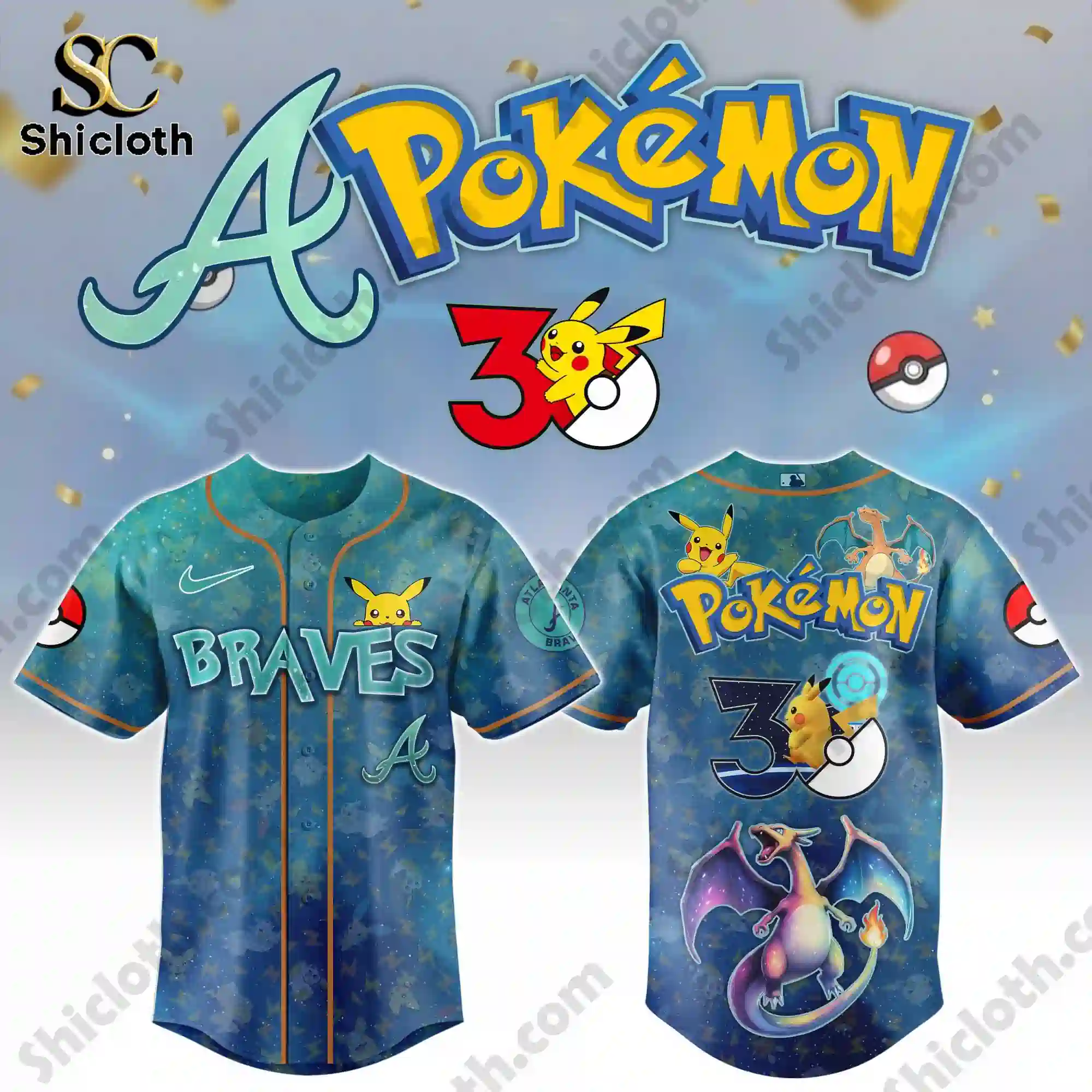 All Team MLB x Pokémon Day Baseball Jersey 2026 3 Front and back view of Braves MLB Pokemon Day baseball jersey by Shicloth!