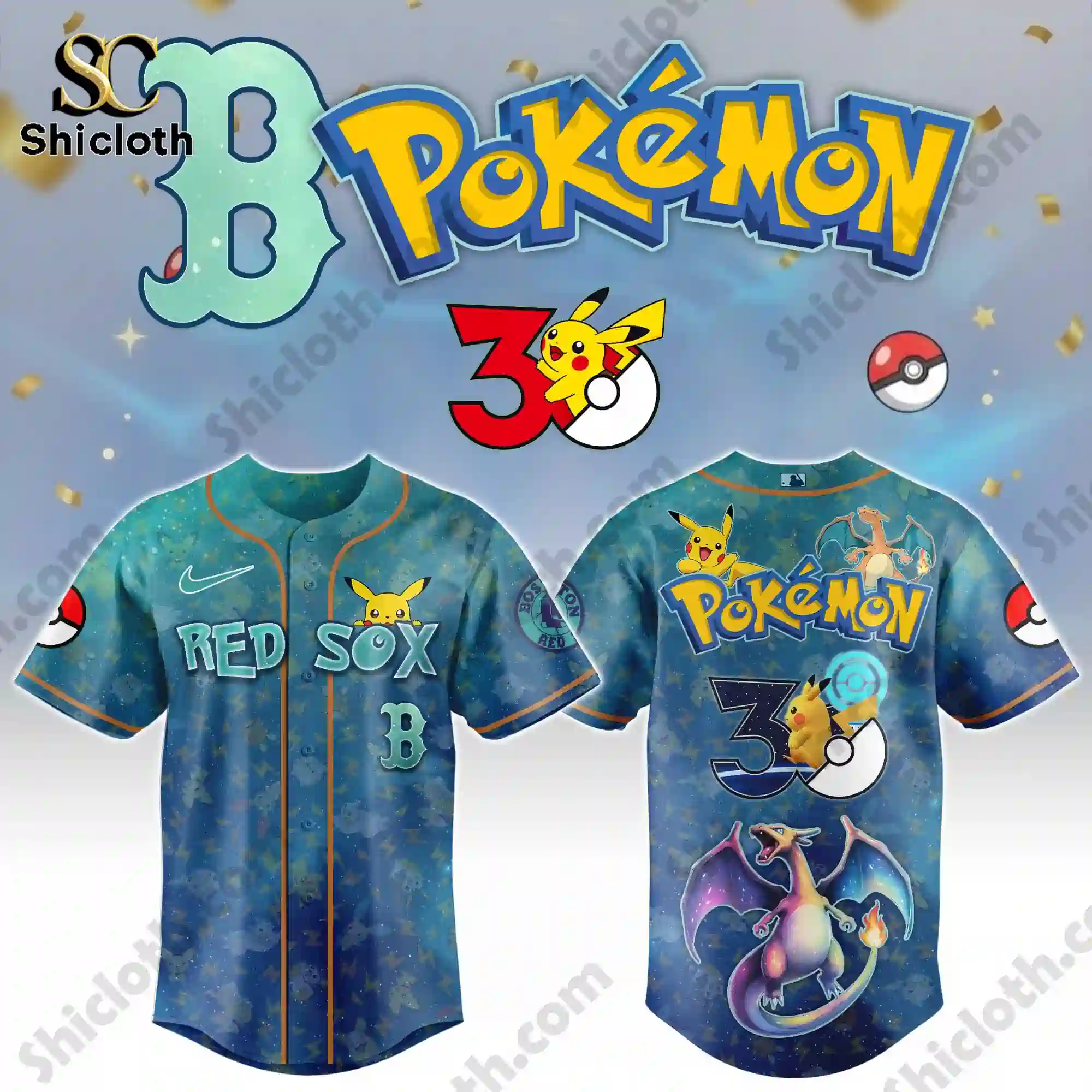 All Team MLB x Pokémon Day Baseball Jersey 2026 4 Front and back view of Red Sox MLB Pokemon Day baseball jersey by Shicloth!