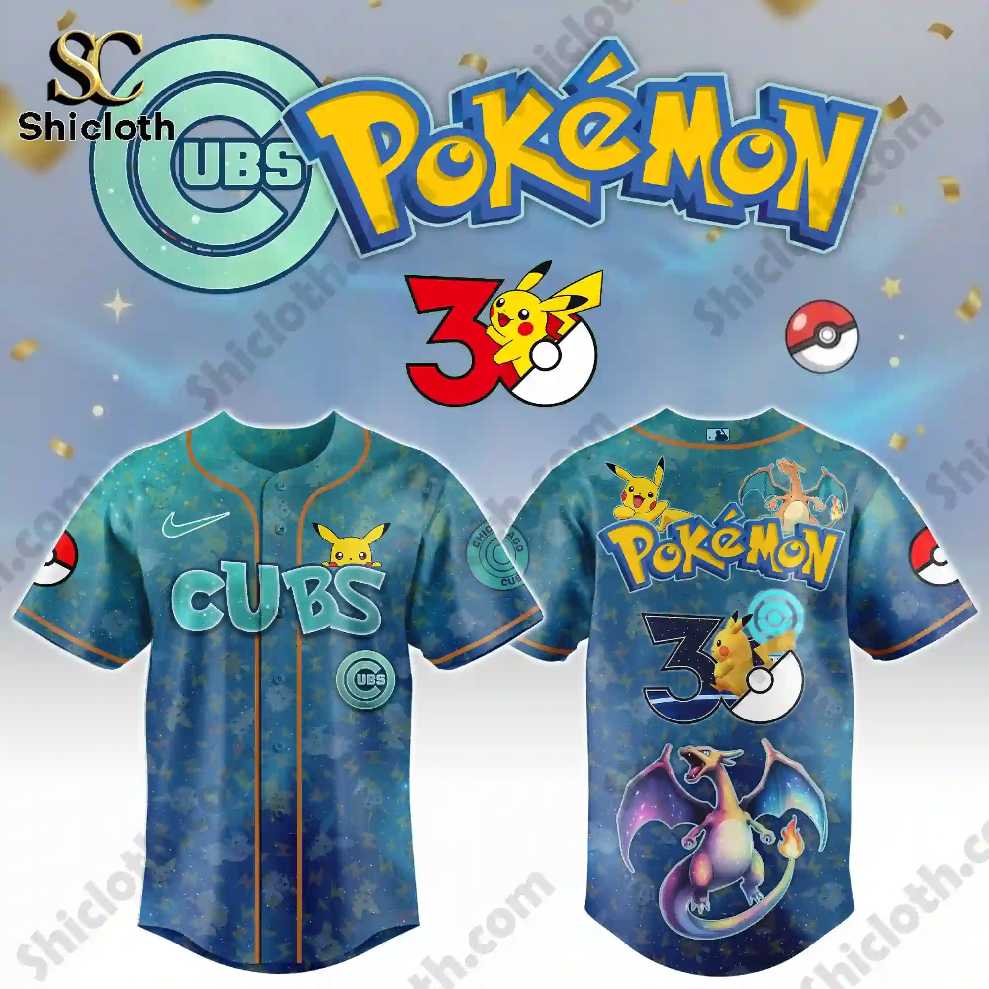 All Team MLB x Pokémon Day Baseball Jersey 2026 5 Front and back view of Cubs MLB Pokemon Day baseball jersey by Shicloth!