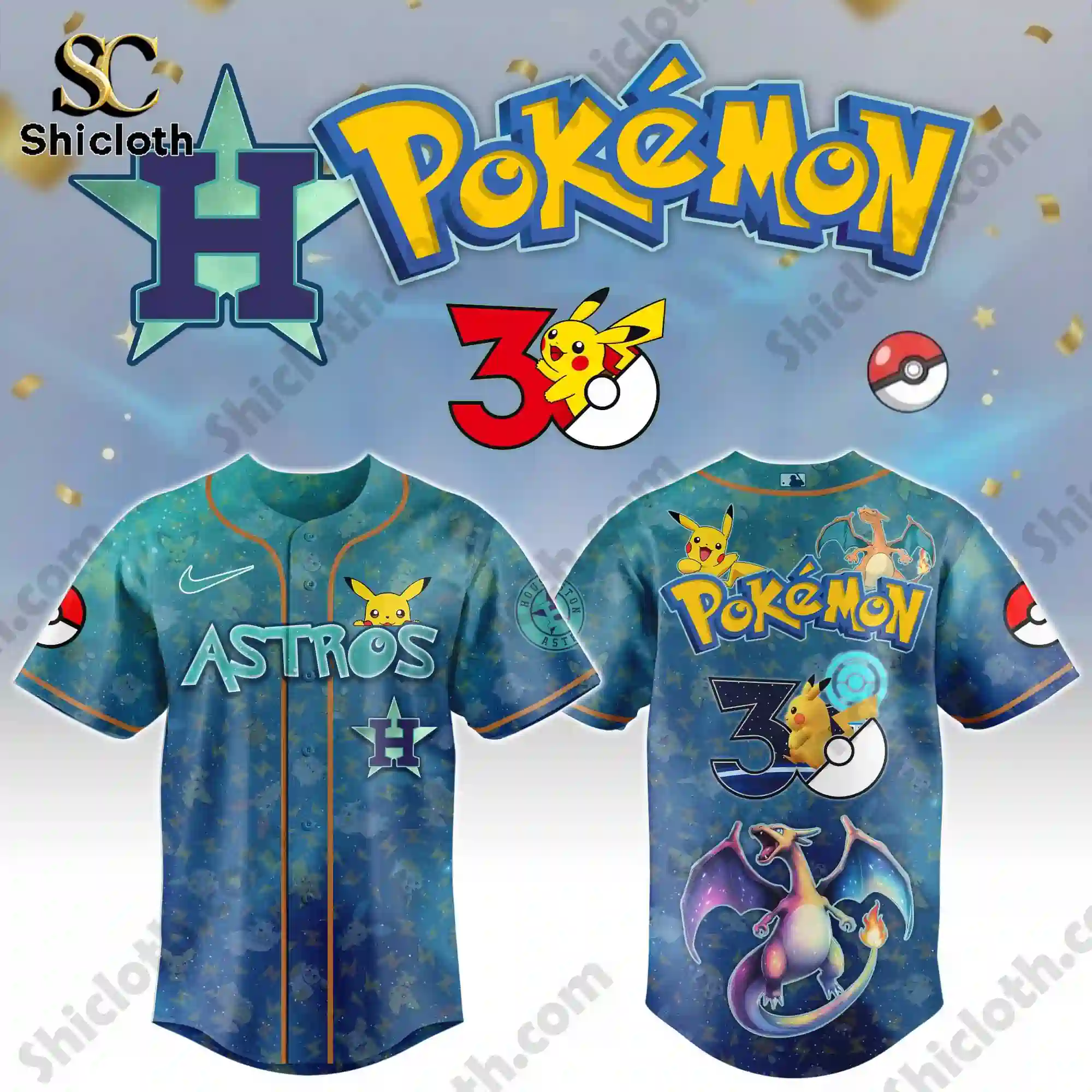 All Team MLB x Pokémon Day Baseball Jersey 2026 6 Front and back view of Astros MLB Pokemon Day baseball jersey by Shicloth!
