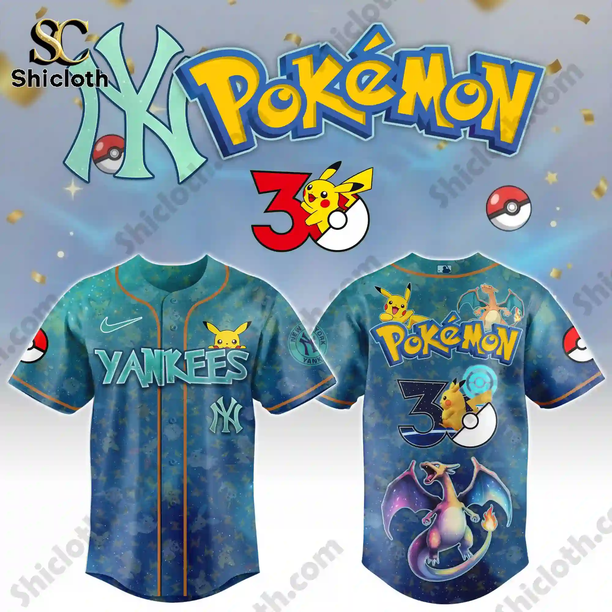 All Team MLB x Pokémon Day Baseball Jersey 2026 8 Front and back view of Yankees MLB Pokemon Day baseball jersey by Shicloth!